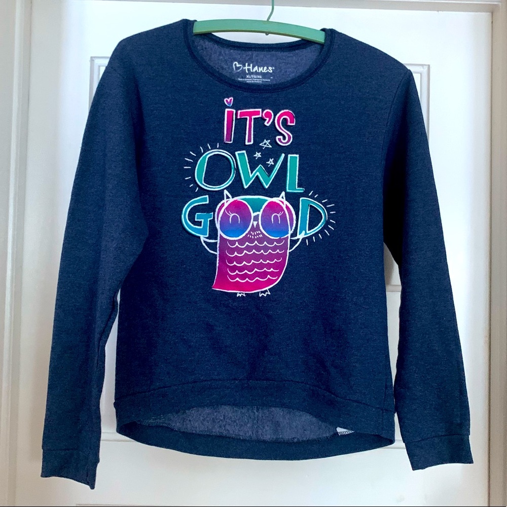 Hanes Girls XL 14/16 “It’s Owl Good” high low sweatshirt